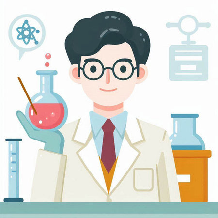 Scientist in laboratory. Vector illustration in flat style. Cartoon characterのイラスト素材