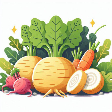 Vegetables vector illustration. Fresh carrots, turnips, parsnips, dill and beets.のイラスト素材