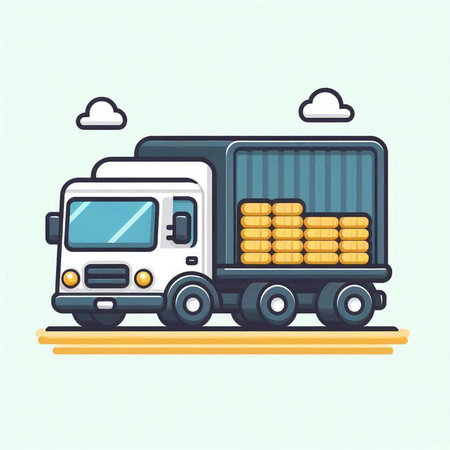 Cargo truck with golden coins. Vector illustration in flat style.のイラスト素材