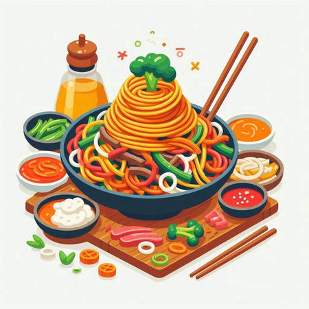Noodles with vegetables in a bowl. Vector illustration in cartoon style.のイラスト素材