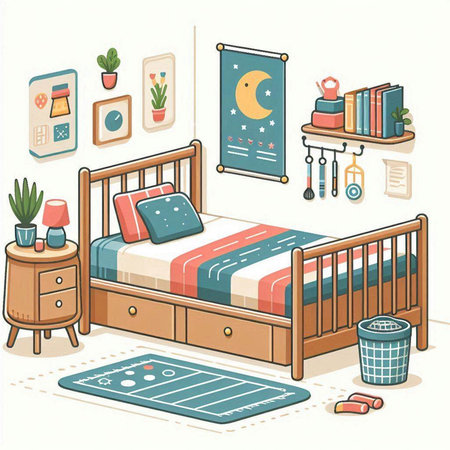 Bedroom interior vector illustration. Bedroom in cartoon style. Bedroom with bedside table, pillows, lamp, books and other thingsのイラスト素材