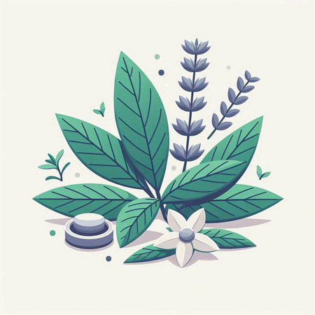Vector illustration of green leaves, flowers and stones for spa, natural cosmetics.のイラスト素材