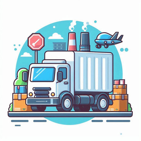 Cargo truck with boxes on the road. Flat vector illustration.のイラスト素材