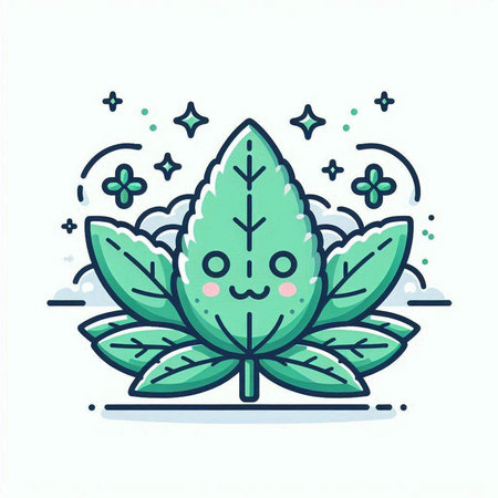 Cute kawaii cannabis leaf. Vector illustration in line art style.のイラスト素材
