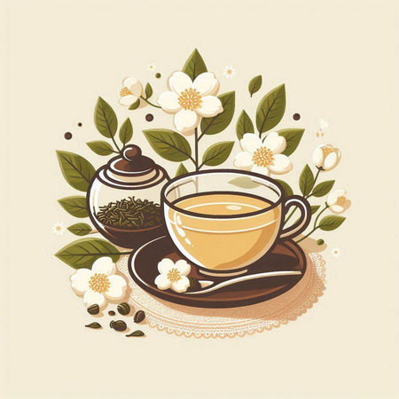 Cup of tea with jasmine flowers. Vector illustration.のイラスト素材