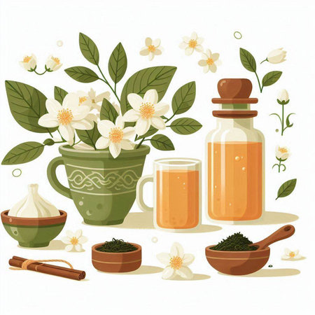 Jasmine tea, jasmine flowers, honey, mortar and pestle. Vector illustration.のイラスト素材