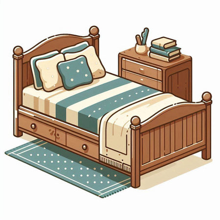 Wooden double bed with pillows and bedside table, vector illustrationのイラスト素材