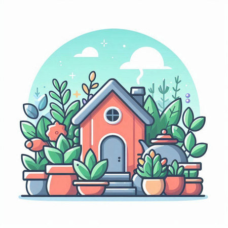 Vector illustration of cozy house in the garden with plants and flowers.のイラスト素材