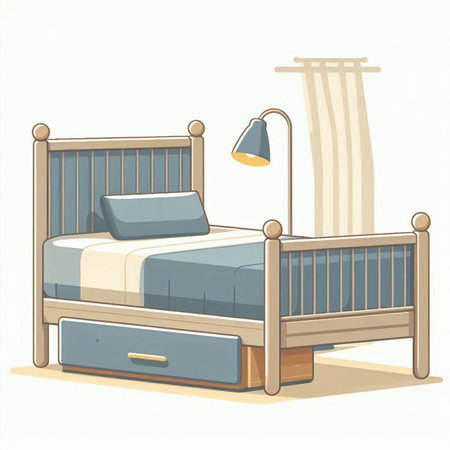 Illustration of a wooden bed with a lamp and pillows.のイラスト素材