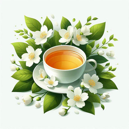 Cup of tea with jasmine flowers. Vector illustration.のイラスト素材