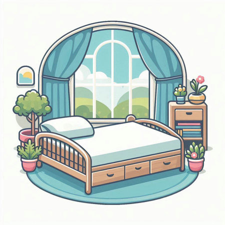 Vector illustration of a cozy bedroom with a window and a bed.のイラスト素材