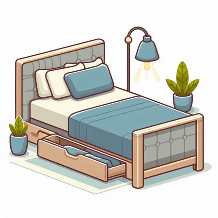 Bed with pillows and a bedside table. Vector illustration.のイラスト素材