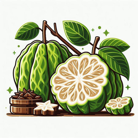 Illustration of green guava fruit with leaves and wooden barrel.のイラスト素材