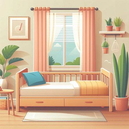 Bedroom interior with window and plants. Vector illustration in retro styleのイラスト素材