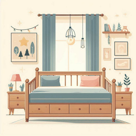 Vector illustration of bedroom with bed, lamp, bookshelf and decorationsのイラスト素材