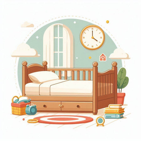 Children's room with a bed, clock and toys. Vector illustration.のイラスト素材