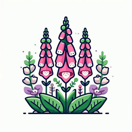 Foxglove flowers with green leaves. Vector illustration in flat style.のイラスト素材