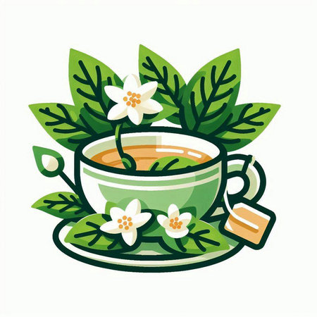 Cup of tea with jasmine flowers. Vector illustration.のイラスト素材