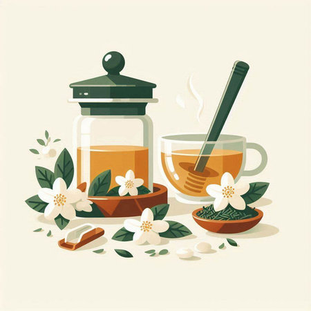 Cup of tea with jasmine and honey. Vector illustration.のイラスト素材