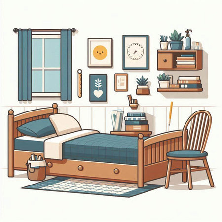 Bedroom interior. Vector illustration in cartoon style. Bed with bedside table, chair, bookshelf, cup of coffee, lamp, bookcase.のイラスト素材