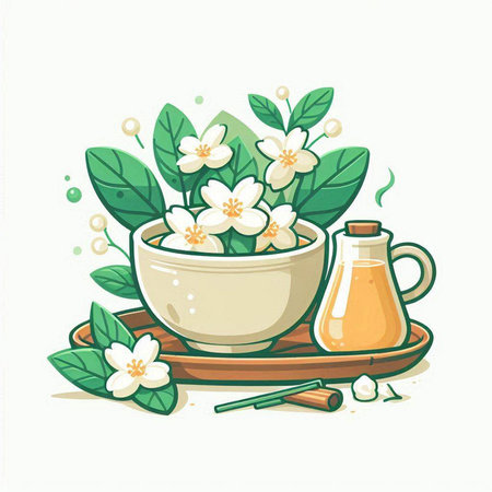 Jasmine tea in a bowl. Vector illustration of jasmine tea.のイラスト素材