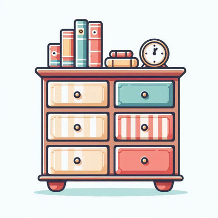 Cabinet with books and clock. Vector illustration in cartoon styleのイラスト素材