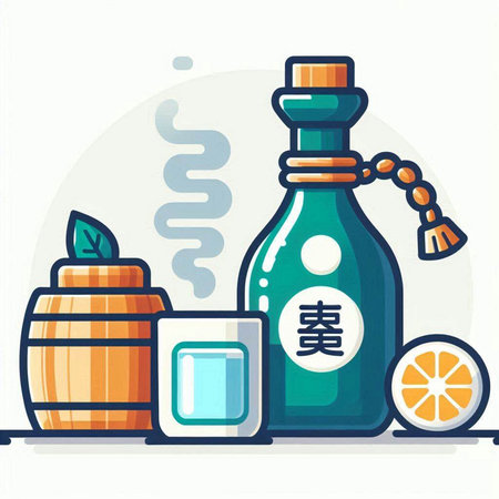 Soy sauce in a bottle, a wooden barrel and a slice of lemon. Vector illustration.のイラスト素材