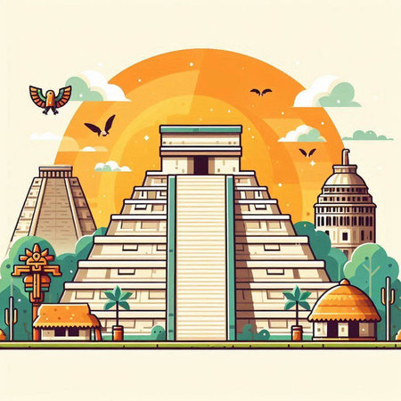Ancient Mayan pyramid in Rome, Italy. Vector illustration in flat styleのイラスト素材