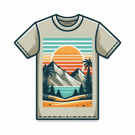 T-shirt design with a picture of mountains and sea. Vector illustrationのイラスト素材