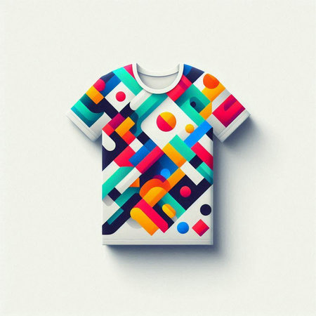 T-shirt mockup with colorful abstract geometric pattern. Vector illustration.のイラスト素材