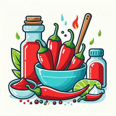 Spices and herbs in bowl. Vector illustration in cartoon style.のイラスト素材