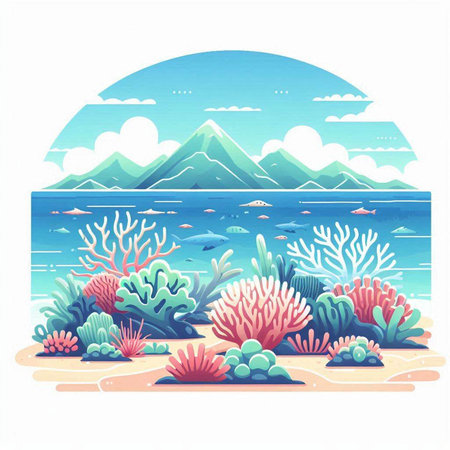 Sea landscape with corals and mountains. Vector illustration in cartoon style.のイラスト素材