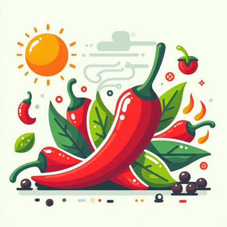 Red hot chili peppers with green leaves and spices. Vector illustration.のイラスト素材