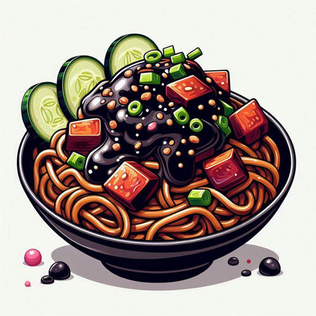 japanese noodle with kimchi and cucumber illustrationのイラスト素材