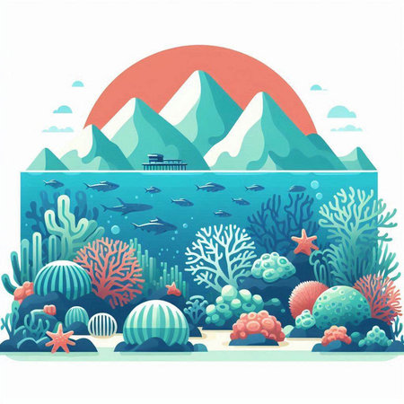 Sea landscape with coral reef, starfish and mountains. Vector illustration.のイラスト素材