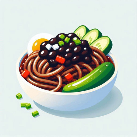 Illustration of a bowl of soba noodle with black beansのイラスト素材