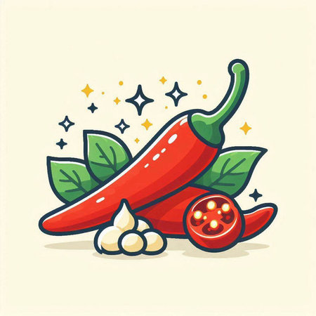 Hot chili pepper and garlic. Vector illustration in doodle styleのイラスト素材