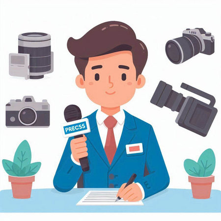 Journalist, journalist, journalist with microphone and camera. Vector illustrationのイラスト素材