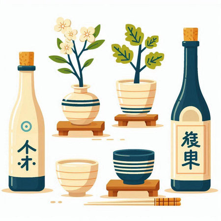 Set of icons with a bottle of sake. Vector illustration in a flat styleのイラスト素材
