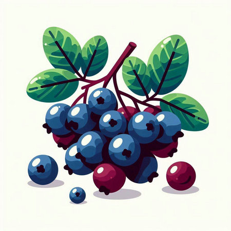 Bunch of ripe blueberries with green leaves. Vector illustration.のイラスト素材