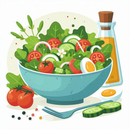 Fresh vegetable salad in a bowl. Vector illustration on white background.のイラスト素材