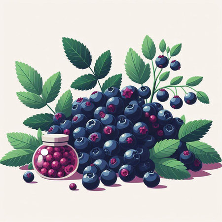 Vector illustration of a bunch of ripe blueberries with leaves and a glass jar with berries.のイラスト素材
