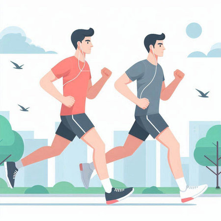 Running men in city park. Healthy lifestyle. Vector illustration in flat cartoon styleのイラスト素材
