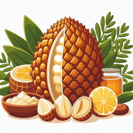 Illustration of tropical fruits in cartoon style on a white background.のイラスト素材