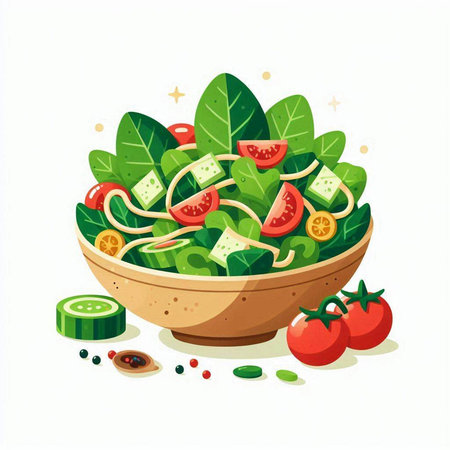 Vegetable salad in a bowl. Vector illustration isolated on white background.のイラスト素材