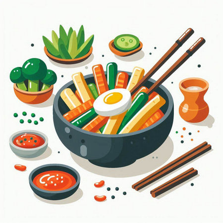 Illustration of Asian food. Soba noodles, vegetables, sauce and chopsticks.のイラスト素材