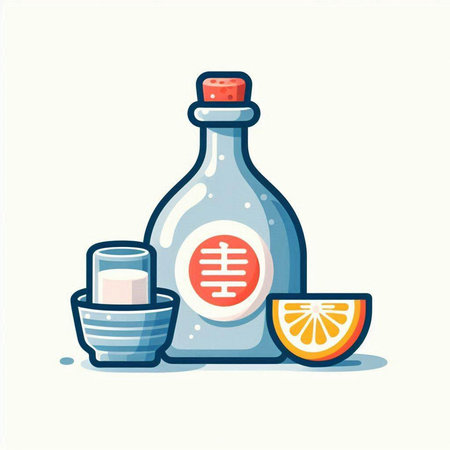 Vector illustration of a bottle of tequila, a glass of juice and a slice of orange.のイラスト素材