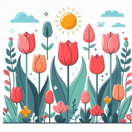 Spring flowers. Floral background with tulips. Vector illustration.のイラスト素材