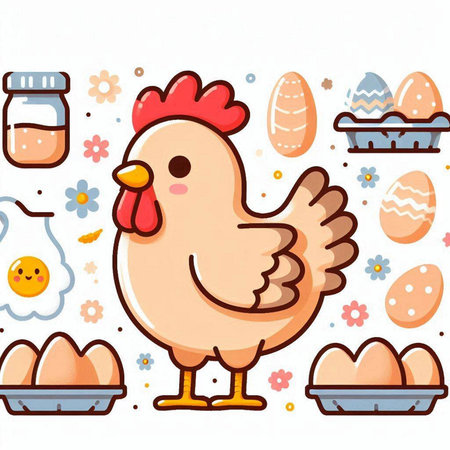 Cute chicken and eggs. Vector illustration of a chicken and eggs.のイラスト素材