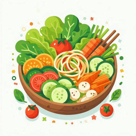 Vegetable salad in bowl. Vector illustration in flat style.のイラスト素材